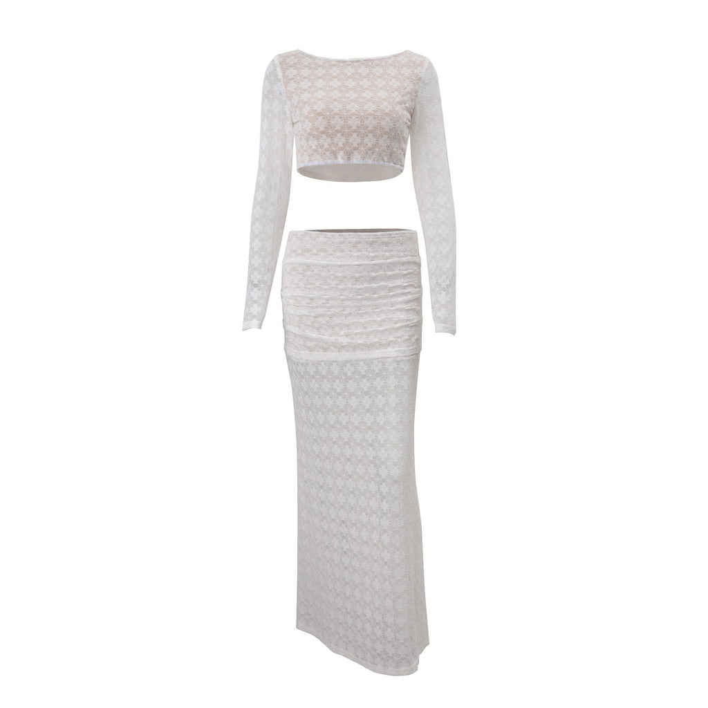 Women Clothing Autumn Sexy round Neck Cropped Long Sleeve Top Low Waist Skirt Set