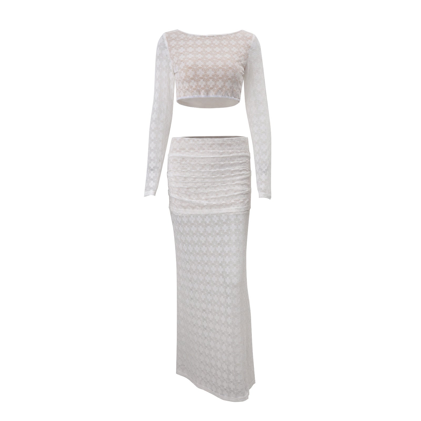 Women Clothing Autumn Sexy round Neck Cropped Long Sleeve Top Low Waist Skirt Set