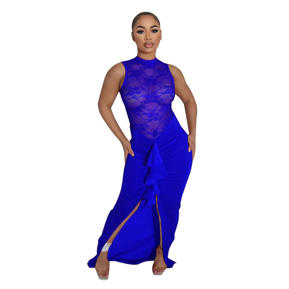 Sexy Women Clothing Sexy See through Lace Stitching Fishtail Dress