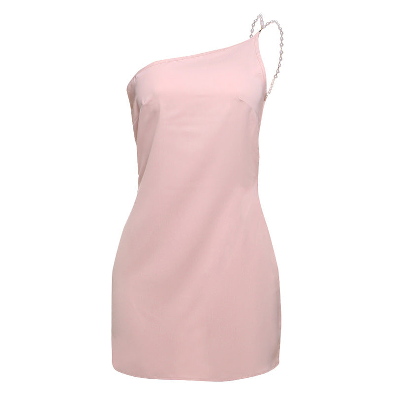 Spring Women Clothing Sexy Slim Fit Backless Hip Bag Pearl Chain Dress