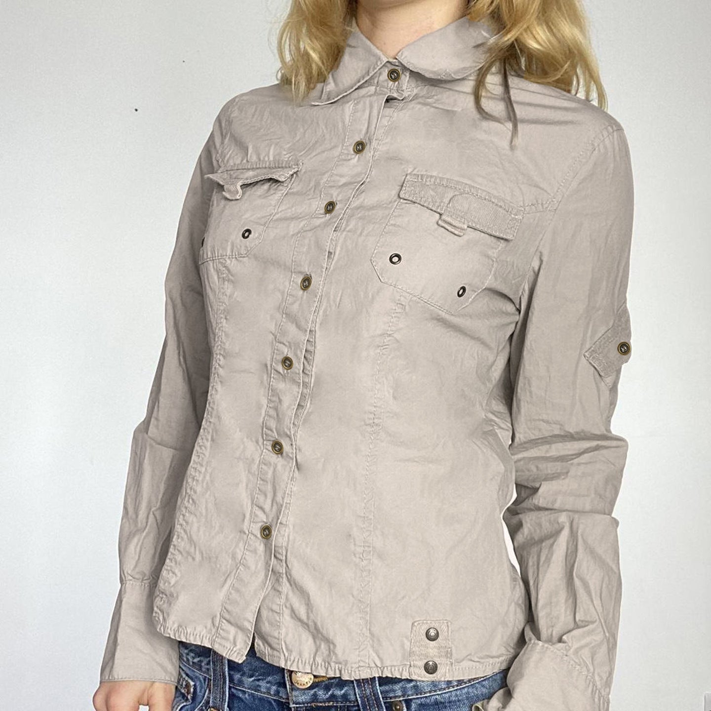 Autumn Pocket Stitching Breasted Collared Shirt Tooling Sexy Waist Controlled Slimming Long Sleeve Cardigan Top Women