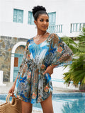 Elastic Mesh Fabric Printed Beach Blouse Sexy Holiday Sunscreen Beach Cover Up