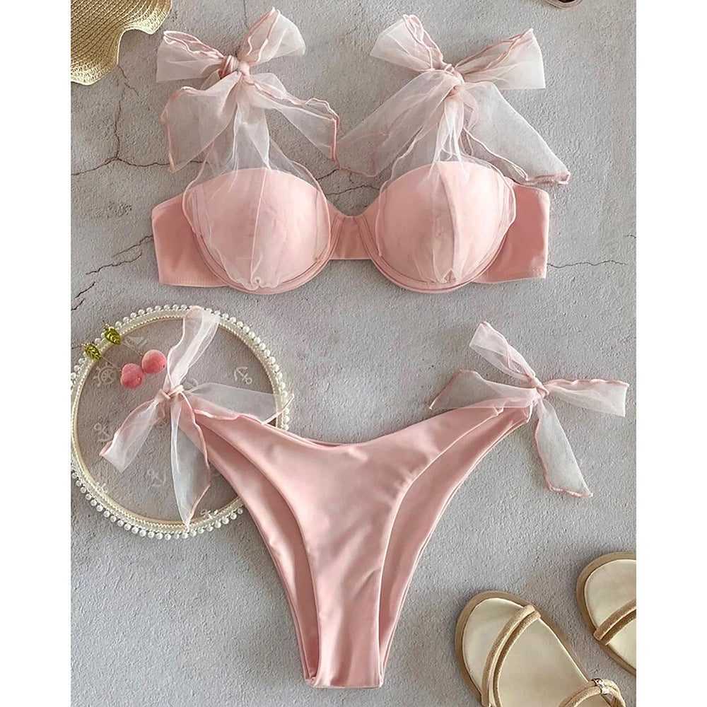 Solid Color Mesh Sling Split Swimsuit Female Bikini Sexy Fresh Backless