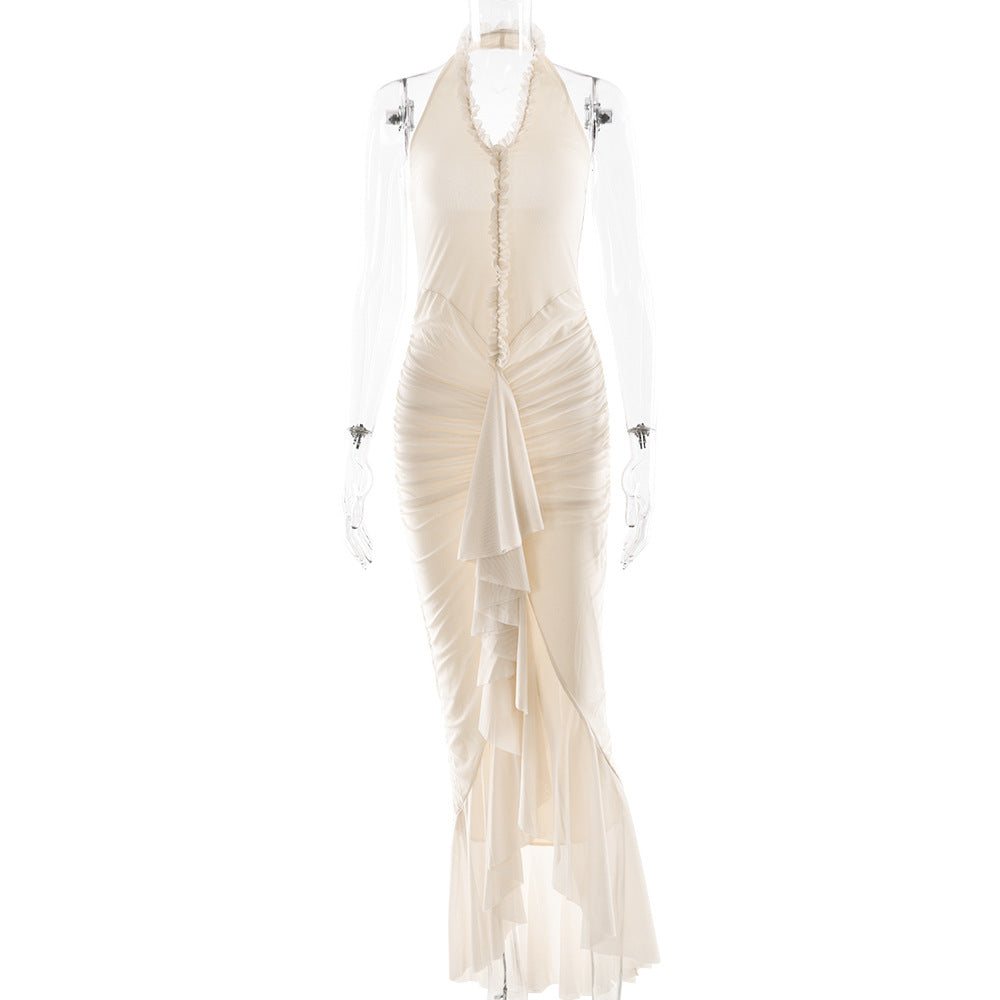 Arrival Sexy Halter Dress Summer Deep V Plunge Ruffled Slit Pleated Dress
