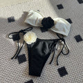 Color Matching Rose Tube Top Lace up Drawstring Strap Split Swimsuit Bikini