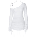 Women Clothing Autumn Pure Sexy Shoulder Long Sleeve Sexy See through Pleating Dress