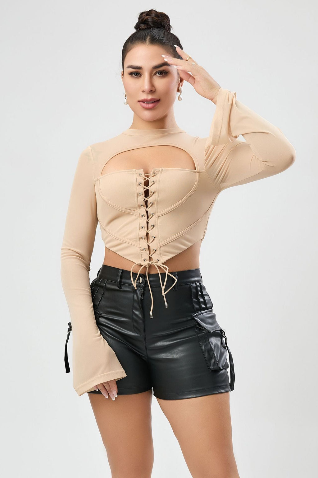 Sexy Women Autumn Solid Color Casual Backless Half High Collar Long Sleeves Strap Mesh Slim Fit Short Top