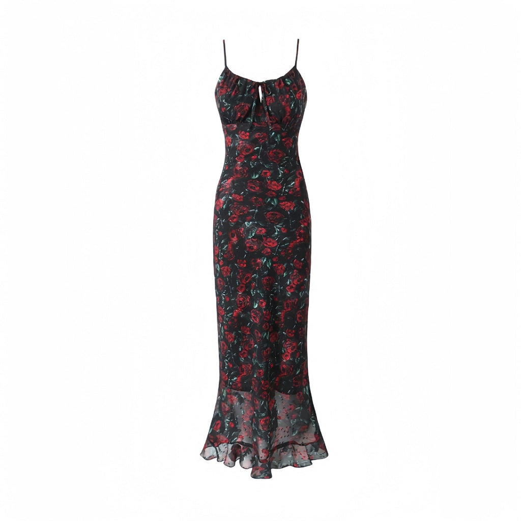Long Rose Print Dress Sexy Girl Slim Fit Seaside Beach Vacation over the Knee Fishtail Suspender