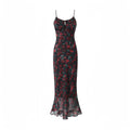 Long Rose Print Dress Sexy Girl Slim Fit Seaside Beach Vacation over the Knee Fishtail Suspender