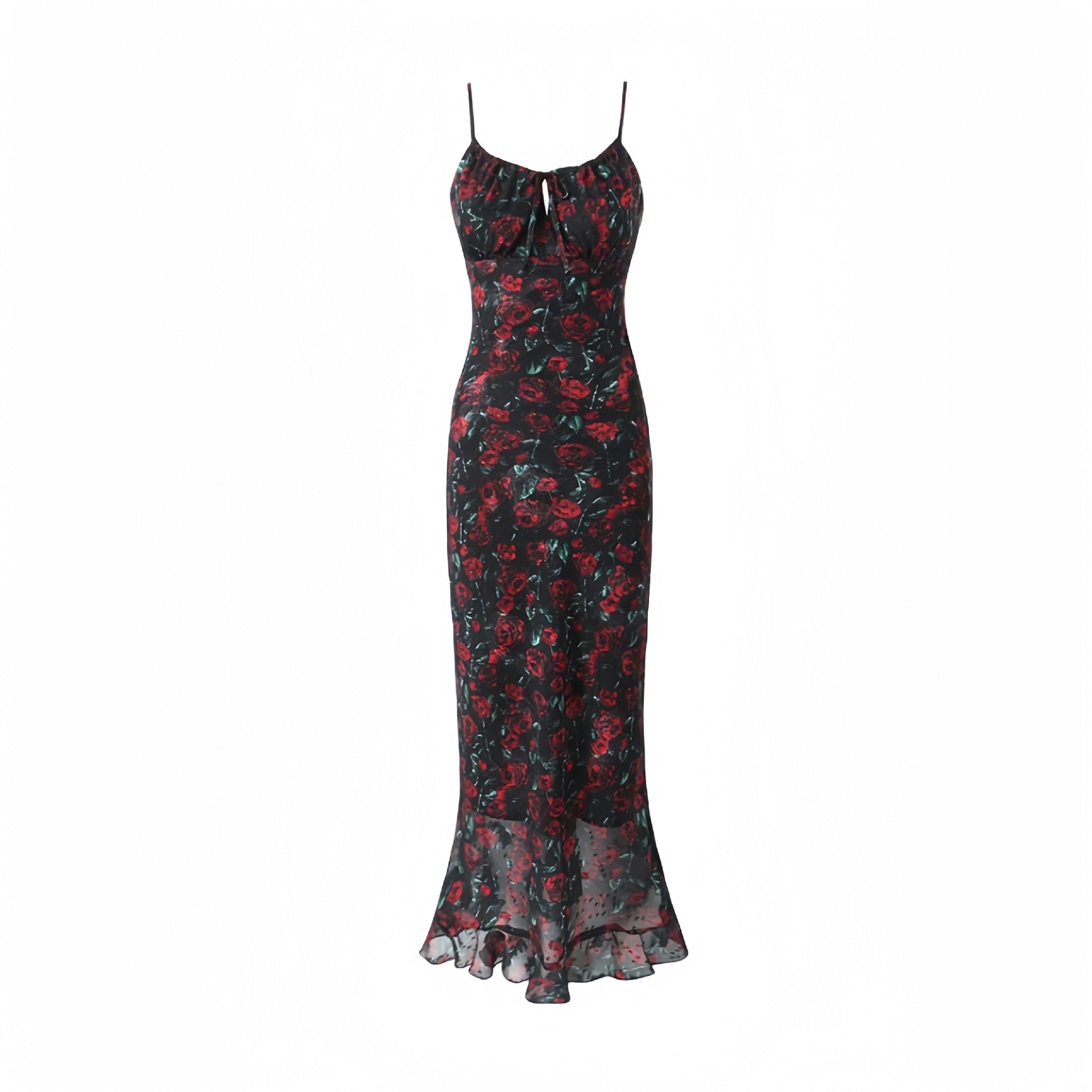 Long Rose Print Dress Sexy Girl Slim Fit Seaside Beach Vacation over the Knee Fishtail Suspender