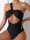 Solid Color One Piece Swimsuit Women Swimsuit Single Shoulder Sloping Shoulder Hollow Out Cutout Solid Color Bikini