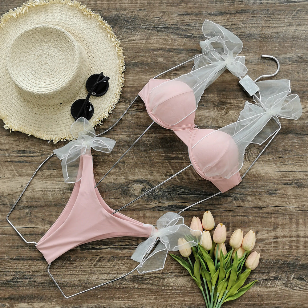 Solid Color Mesh Sling Split Swimsuit Female Bikini Sexy Fresh Backless