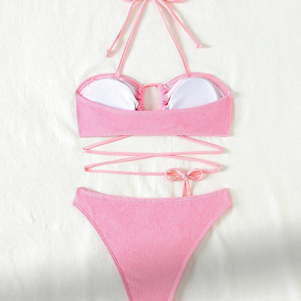 Split Swimsuit Women Hollow Out Cutout Sexy Bikini Triangle Two Piece Set Lace up Solid Color