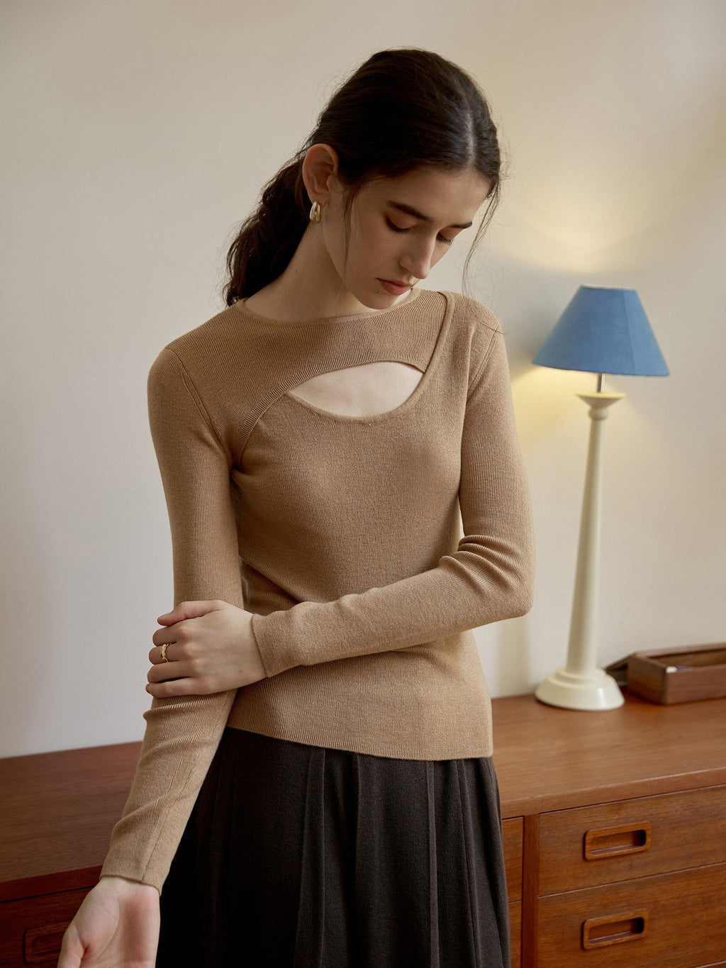 Wool Top Autumn Winter Design Slim Bottoming Shirt Gentle Long Sleeve Sweater Hollow Out Cutout Sweater