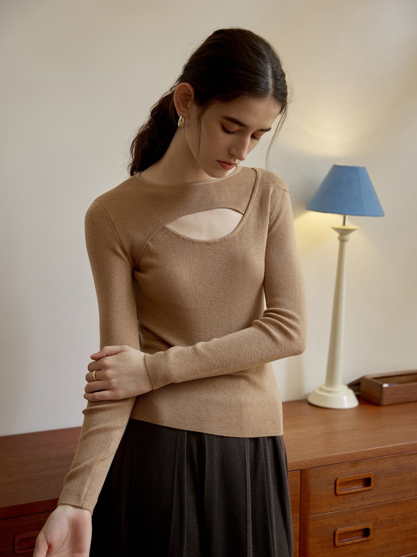 Wool Top Autumn Winter Design Slim Bottoming Shirt Gentle Long Sleeve Sweater Hollow Out Cutout Sweater