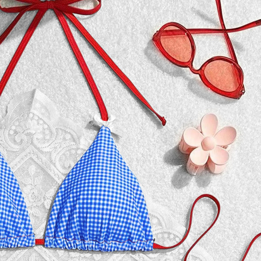 Summer Sweet Bow Floral Plaid Women Split Vacation Swimsuit Bikini