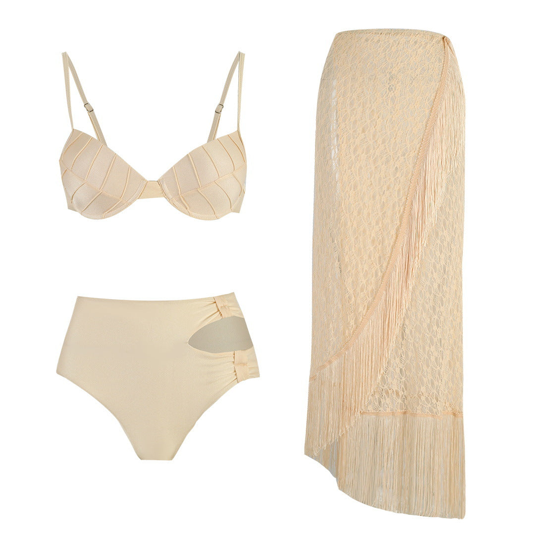 Three Point High Waist Bikini Skirt Three Piece Set Solid Color Split Swimsuit