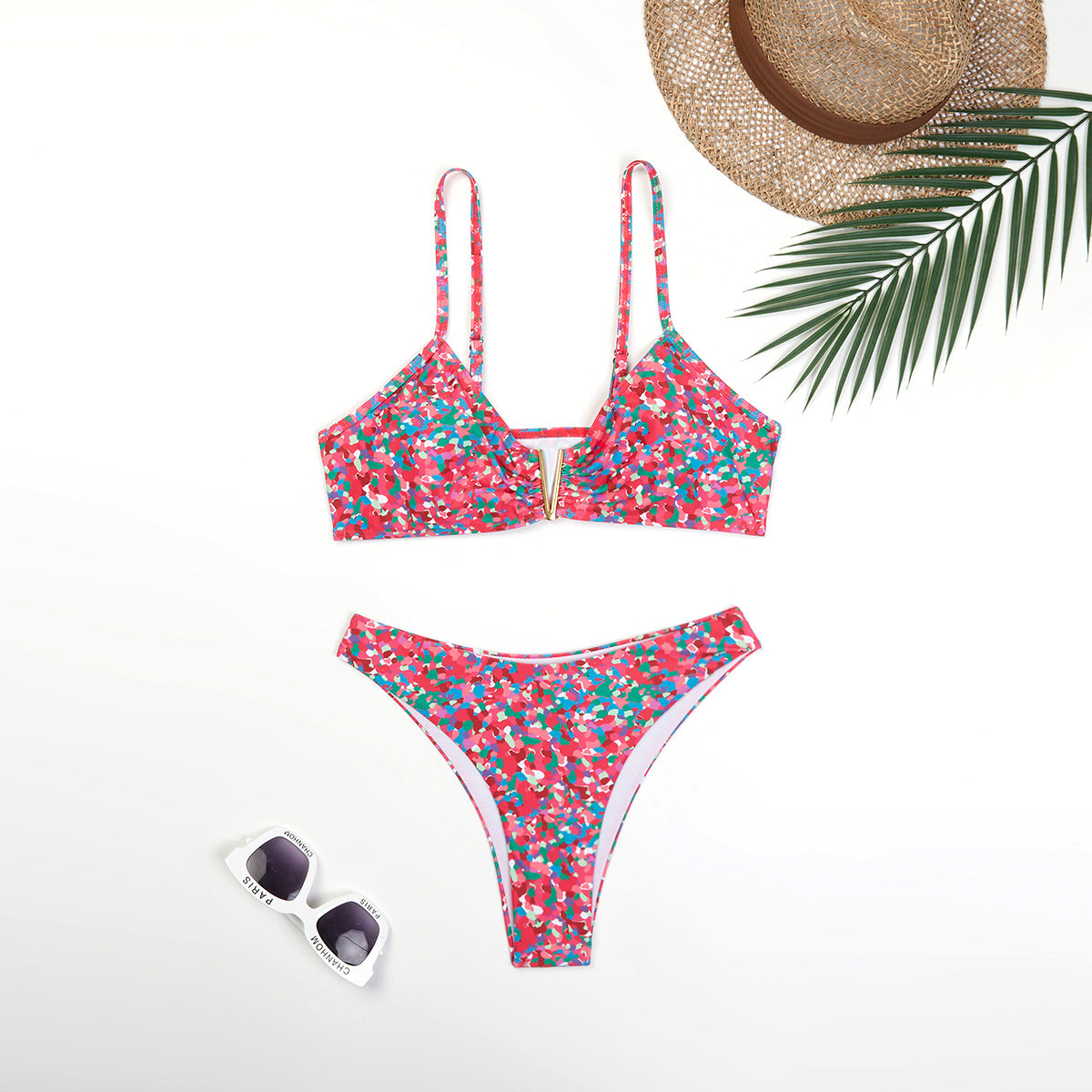 Swimsuit Women Split Two Piece Suit Printed Metal U Shaped Bikini Bikini Bikini Swimsuit