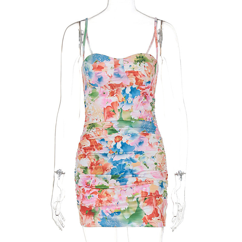 Summer Printed Sexy off the Shoulder Hip Spaghetti Straps Dress Women Clothing