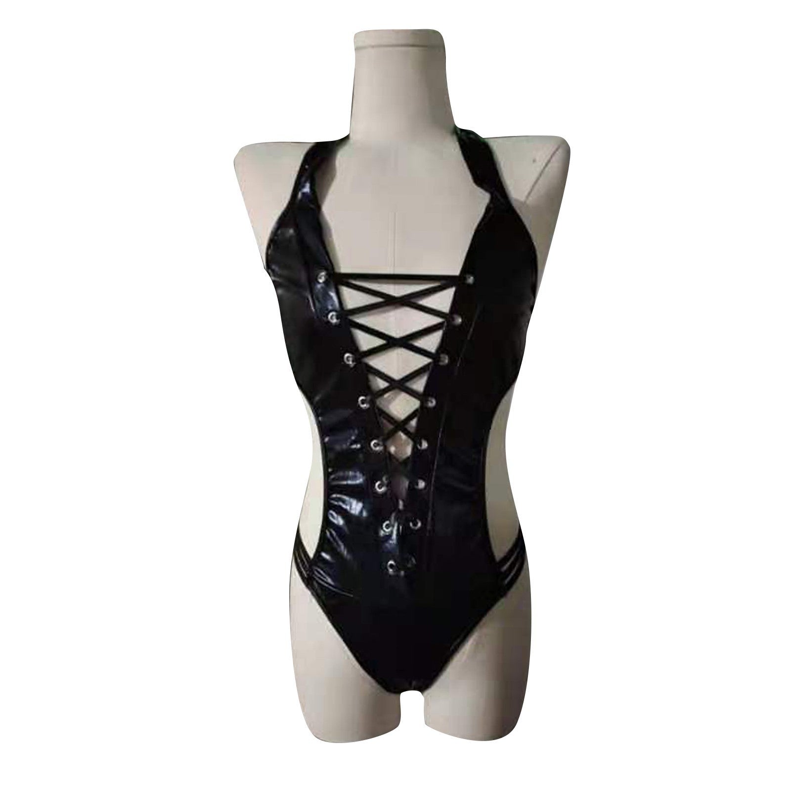 Sexy Patent Leather Backless Deep V Plunge Plunge Tied Jumpsuit