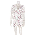 Women French V neck Sexy Slim Hip Floral Puff Sleeve Dress Short