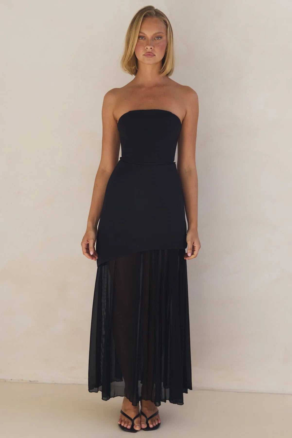 Elegant Sexy Tube Top Package Hip Mesh Stitching Solid Color Dress Long
