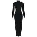 Women Clothing Autumn Solid Color Elegant Slim Slimming Pleated Turtleneck Long Sleeve Dress
