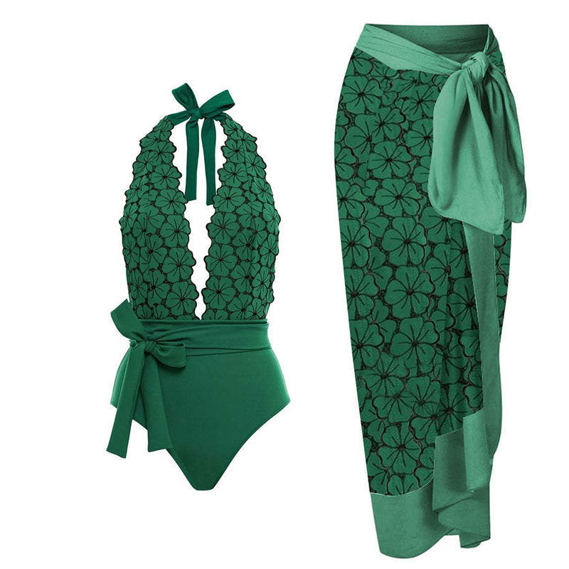 Women One Piece Swimming Bandage Women Tight Retro Printed Bikini Swimsuit Chiffon Skirt Set