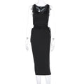 Women Clothing Summer Solid Color U Collar Lace up Cutout Sexy Slit Tight Dress