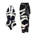 Retro One Piece Swimsuit Women Deep V Plunge Lace up Chiffon Skirt Set
