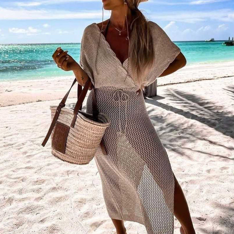 Summer Beach Dress Sexy Slit Short Sleeve Hollow Out Cutout out Strap Bikini Sun Shield Hanfu Long Robe Dress Crochet hook Crochet hook Crochet hook