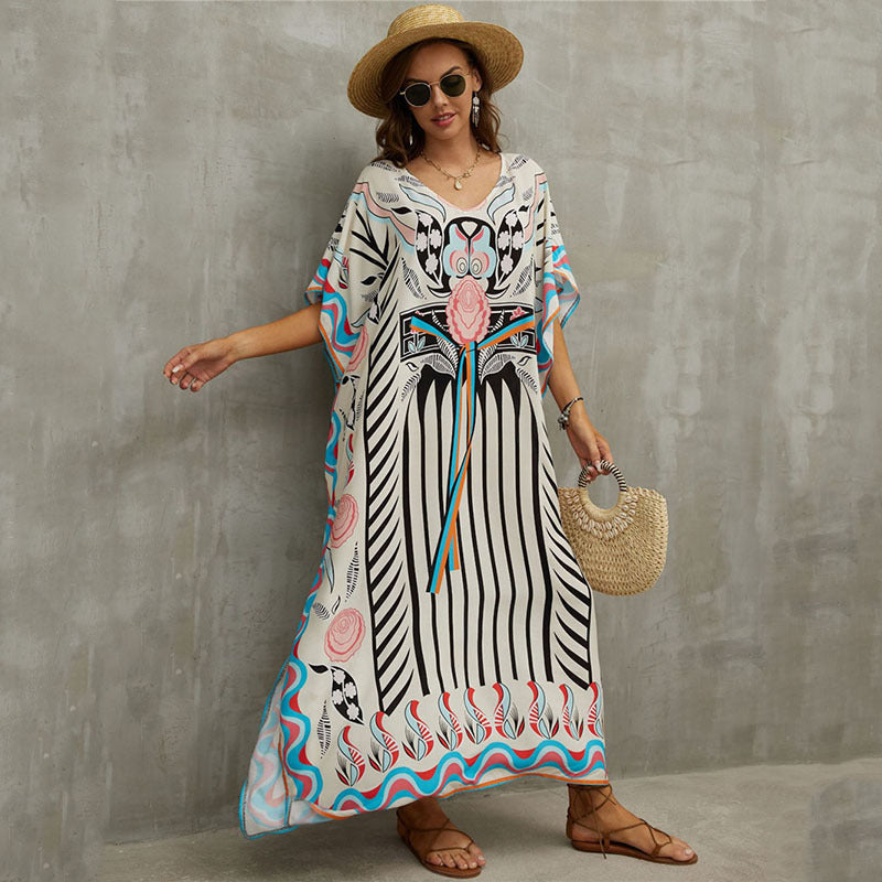 Rayon Positioning Printing Beach Cover Up V Neck Robe Vacation Skirt Bikini Cover