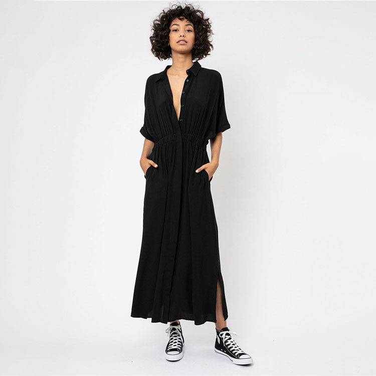 Solid Color Sexy Deep V-neck Single Breasted Beach Sun Protection Shirt Vacation Dress Beach Cover Up