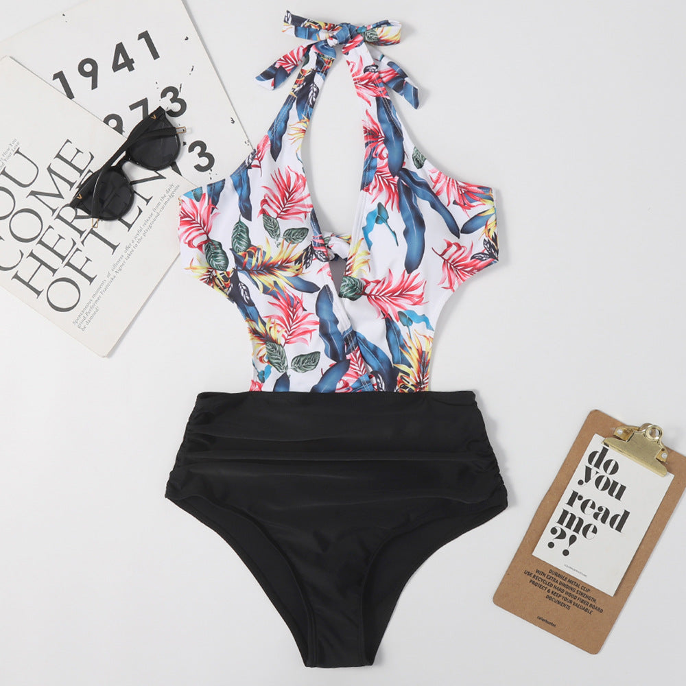 One Piece High Waist Lace Up Bow Backless Women Sexy Beach Triangle Swimsuit Bikini