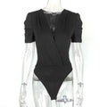Autumn Bottoming T shirt Women Clothing Elegant Sexy Deep V Plunge Short Sleeve Pleated Stitching Jumpsuit