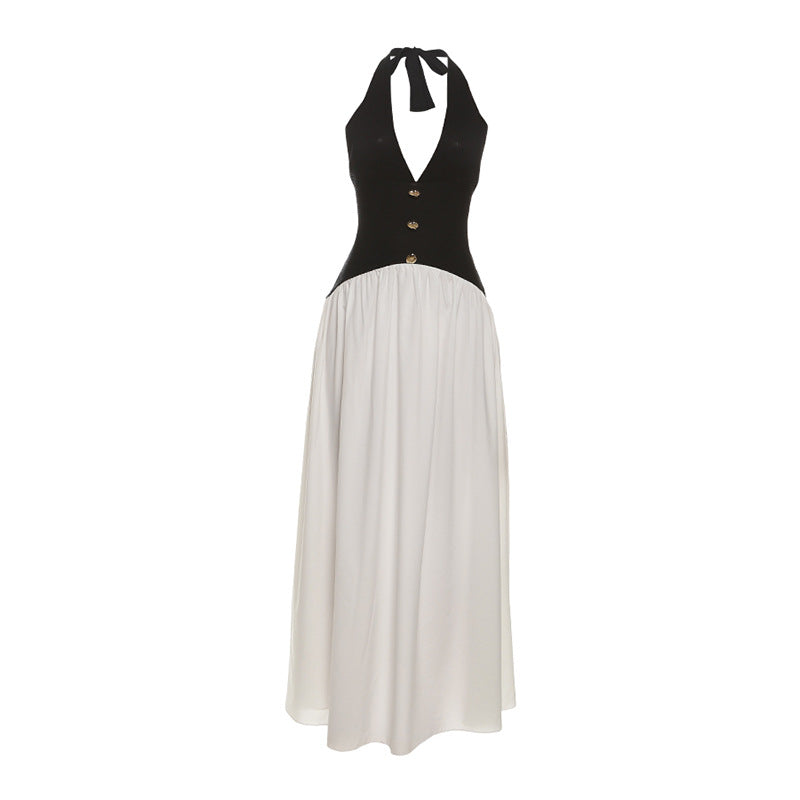 Fall Women Clothing French Sexy Halter Backless Contrast Color Fastener Decoration Dress