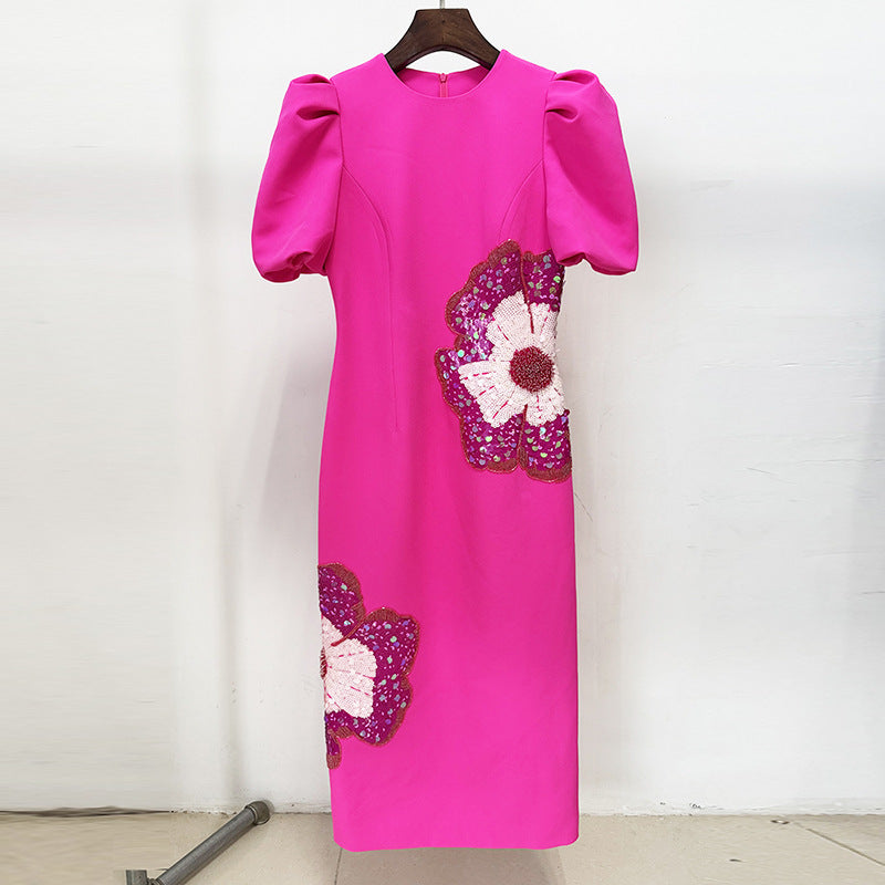 Heavy Industry Beads Sequined Three Dimensional Floral Short Sleeve Dress Small Dress