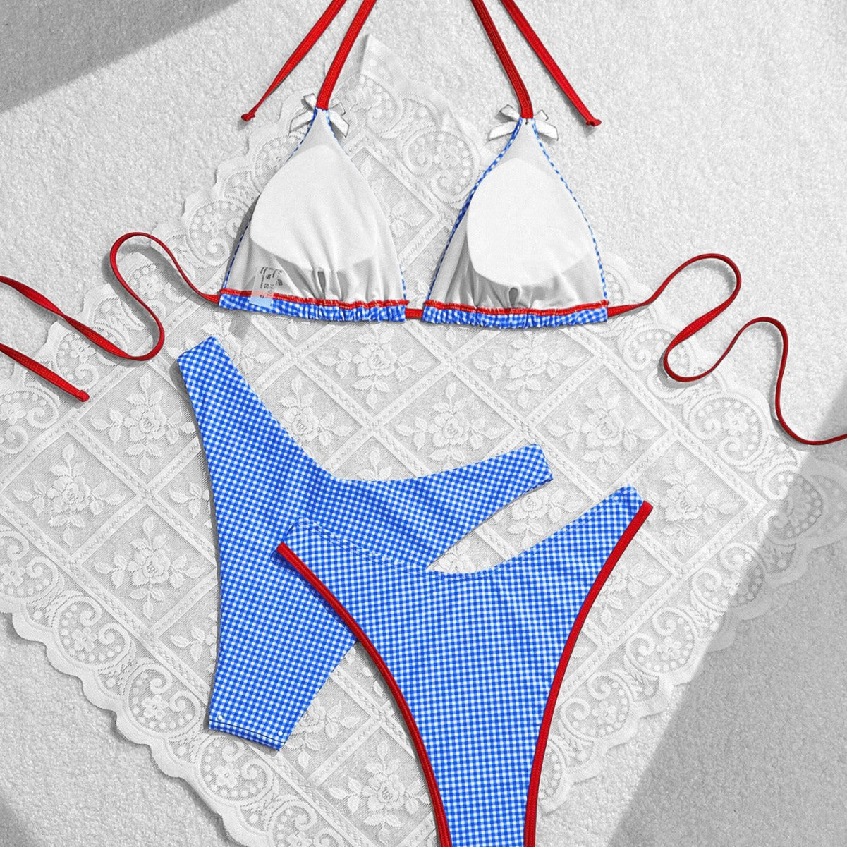 Summer Sweet Bow Floral Plaid Women Split Vacation Swimsuit Bikini