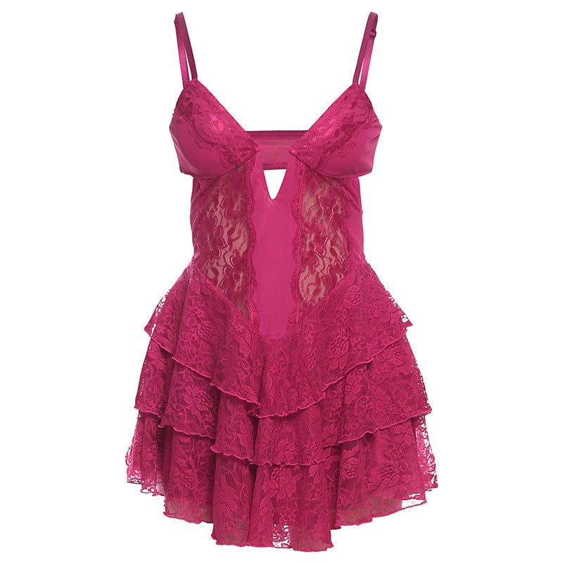 Spring Women Clothing Sexy V neck Lace Mesh Patchwork Backless Strap Dress Women