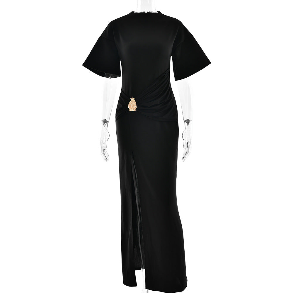Arrival Pleated round Neck Dress Women Sexy High Split Hip Bag Dress