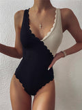 Women Special Cloth Color Contrast Patchwork Petal Edges Personality One Piece Bikini