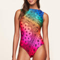 One Piece Positioning Printing Swimsuit Rainbow Gradient Multicolor Bikini High Fork Swimsuit