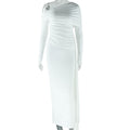 Women Clothing Solid Color Dress Diagonal Collar Open Shoulder Long Sleeve Irregular Asymmetric Dress