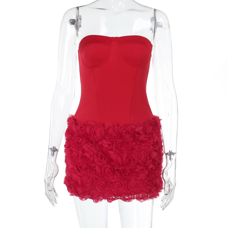 Spring Dress Socialite Elegant Sexy Three Dimensional Floral Texture Tube Top Dress