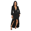 Women Wear Elegant V neck Split Long Sleeve Solid Color Dress