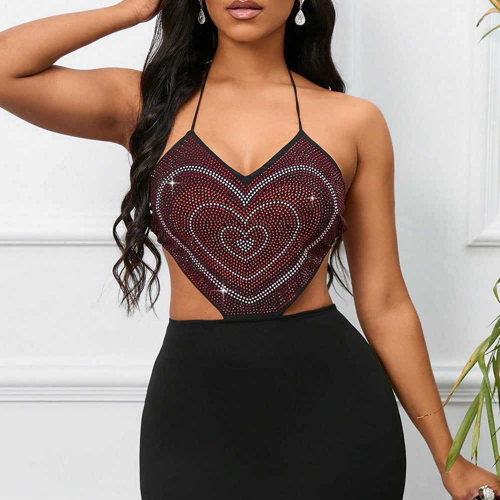 Love Rhinestone Halter Spaghetti Straps Dress Backless Lace up Bare Back Sex
