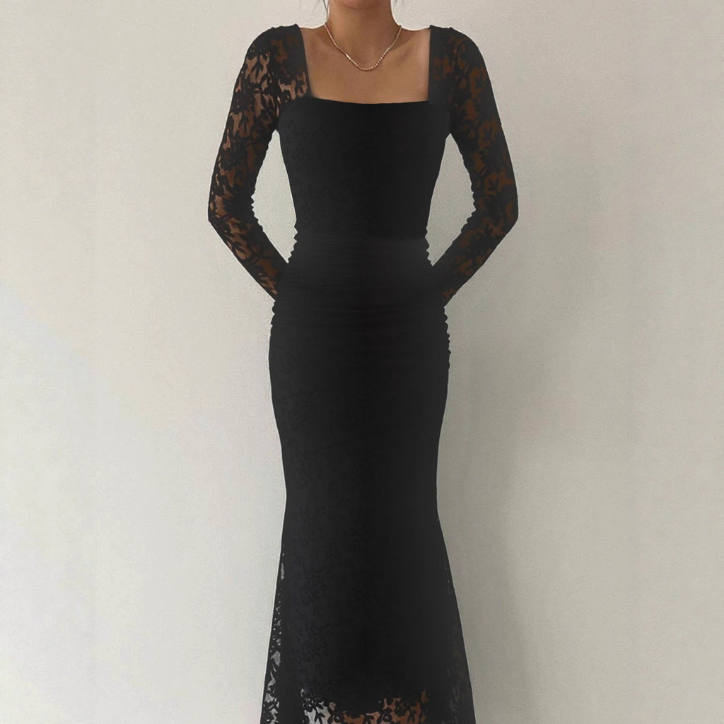 Autumn Winter Women Clothing Fashionable Elegant Lace Stitching Square Collar Slimming Pleated Maxi Dress