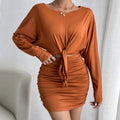 Winter Batwing Long Sleeve Trendy Round Neck Waist Hollow Out Cutout out Tied Slimming Hip Dress
