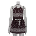 Digital Vintage Print Sexy Women Lace up Halterneck Backless Top High Waist Short Skirt Two Piece Sets