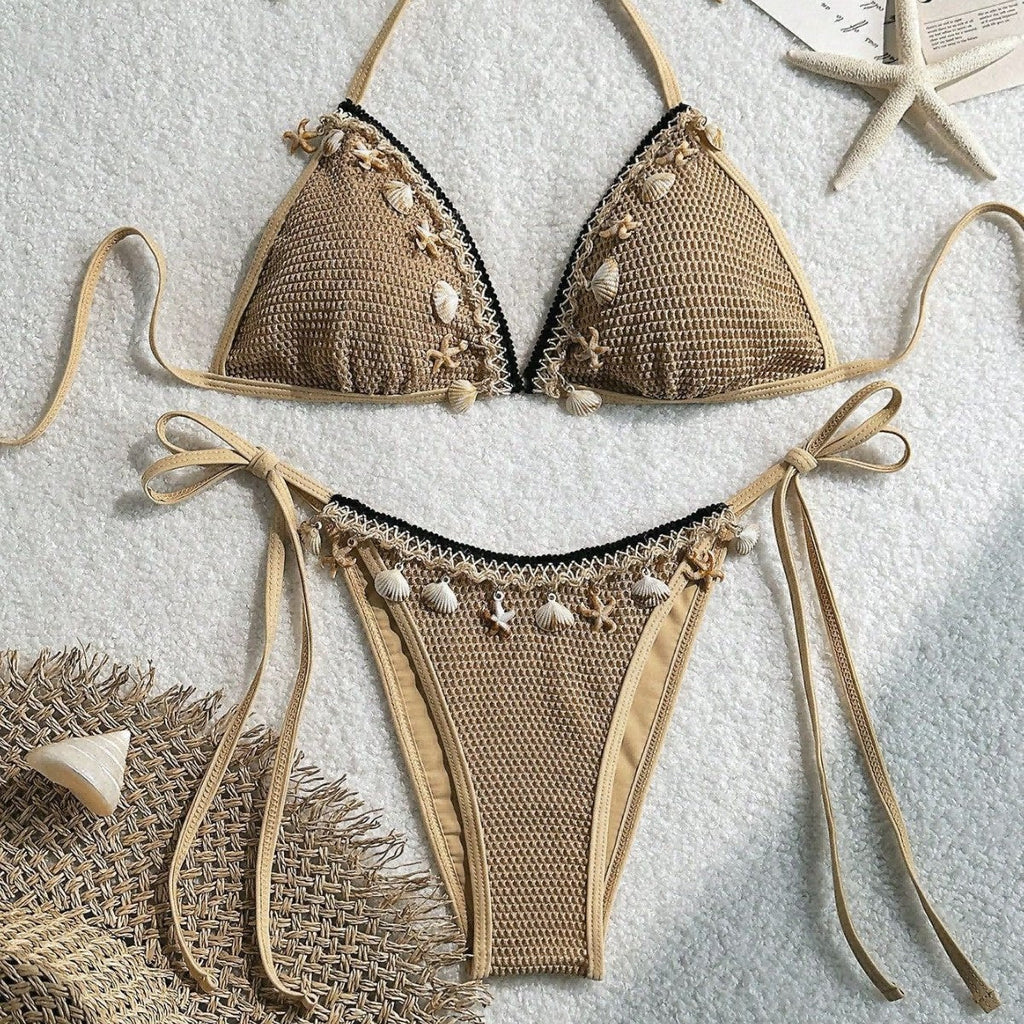 Swimsuit Women Lace up Halterneck Triangle Cup Beach Sexy Split Swimsuit Bikini